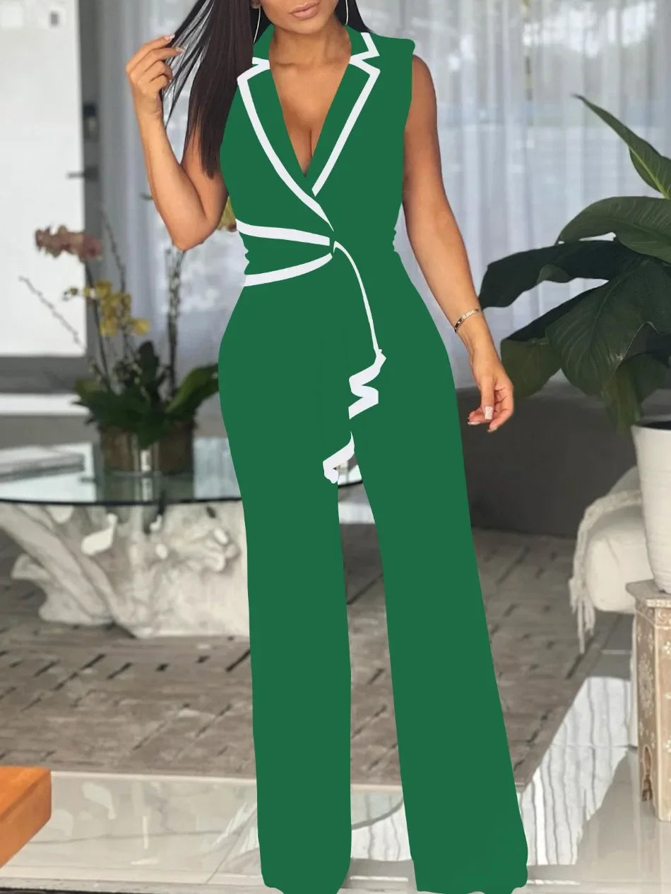 Women's Elegant Sleeveless V Neck Overalls Jumpsuit Full Length Wide Leg Pants Office Casual Summer Outfit
