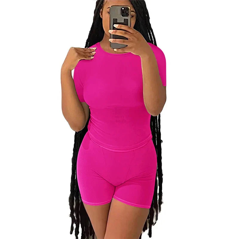 Casual Workout Two Piece Set for Women Fitted Crew Neck T-Shirt with High Waist Pants Matching Streetwear Outfit