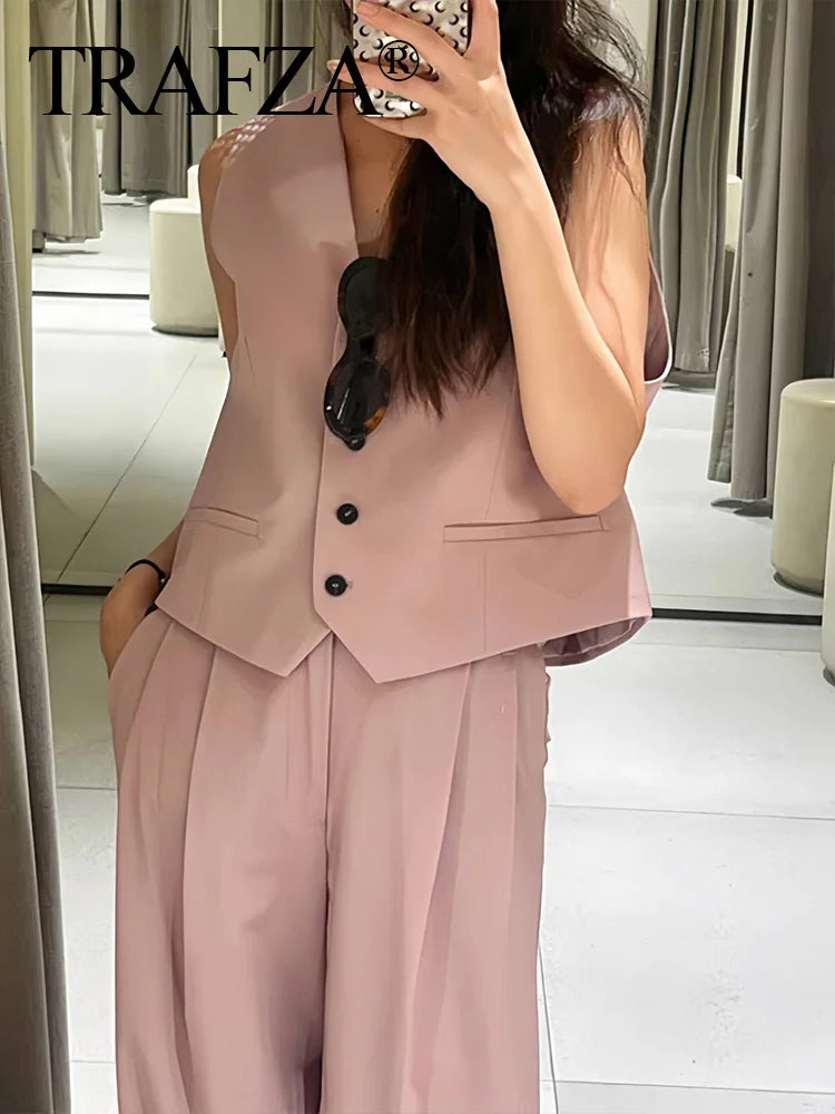 Solid Sleeveless V-Neck Vest and High Waist Zipper Loose Pants Set for Office and Casual Wear