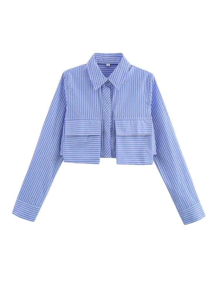 Women's Chic Striped Crop Shirt Long Sleeve Button-Up Blouse with Pockets Casual Fashion Top