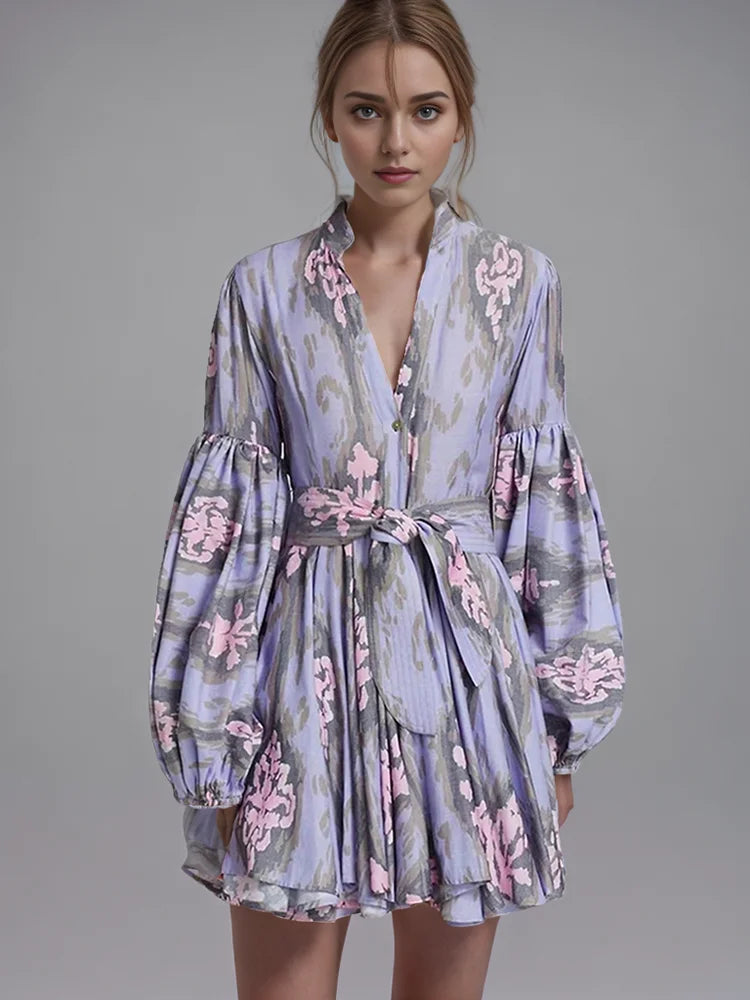 Printed Lantern Sleeve Dress For Women Summer Lightweight