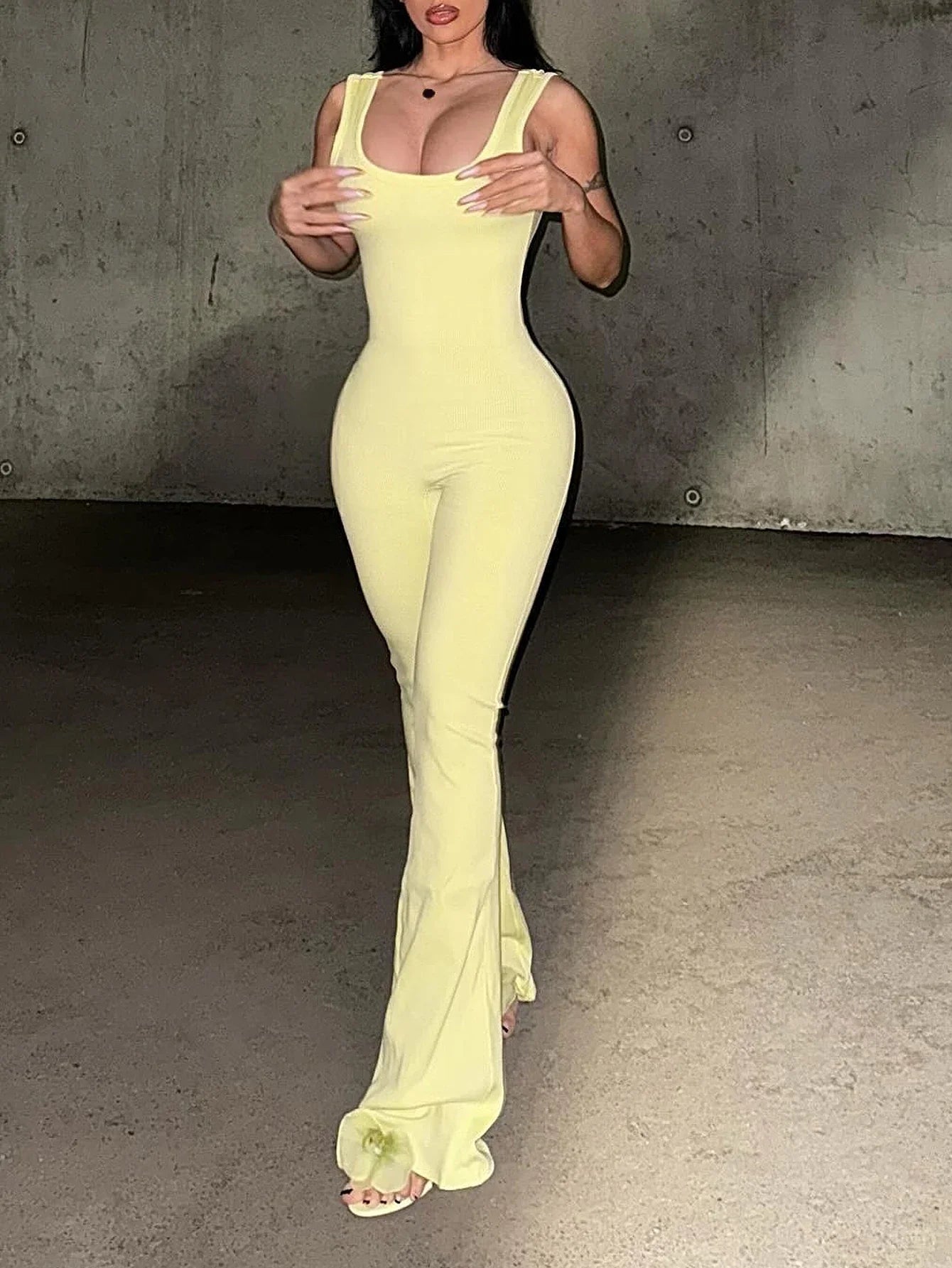 Women's Slim Fit Solid Color Bell Bottom Suspender Jumpsuit Pants Stretchy Sexy Fit