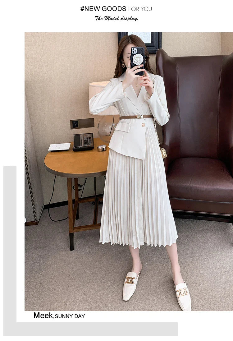 Faux Two Piece Dress With Blazer Collar Pleated Skirt