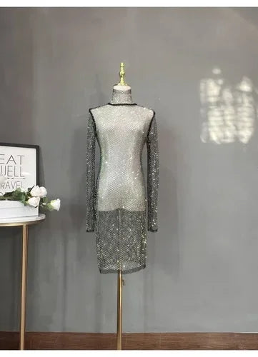 Rhinestone High Neck Glitter Party Dress Mid Length