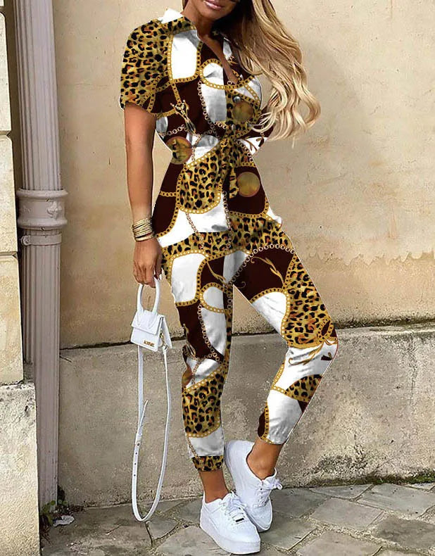 Summer Casual Women's Jumpsuit with Lapel Collar Printed Waistband and Stylish Buckle Detail