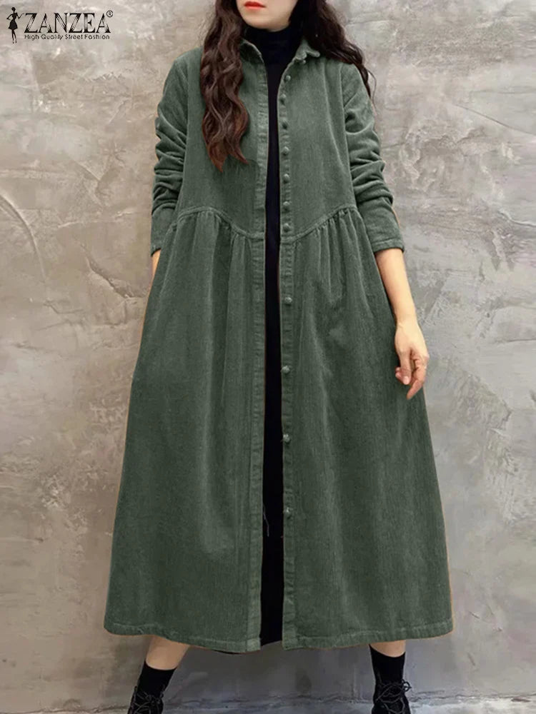 Women Autumn Corduroy Dress With Button Front And Pockets