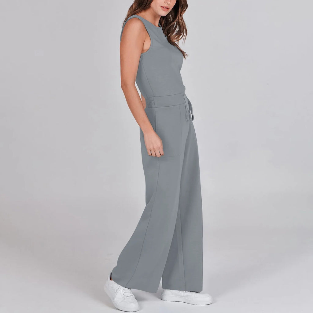 Women's Sleeveless Solid Color Casual Jumpsuit with Drawstring Waist Pockets Straight Leg Thin Commuting Outfit