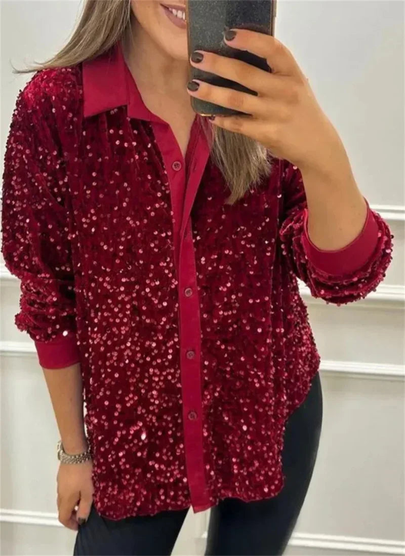 Sequin Lapel Women's Black Shirt Casual Glitter Loose Long Sleeve Single Breasted Retro Party Top Streetwear