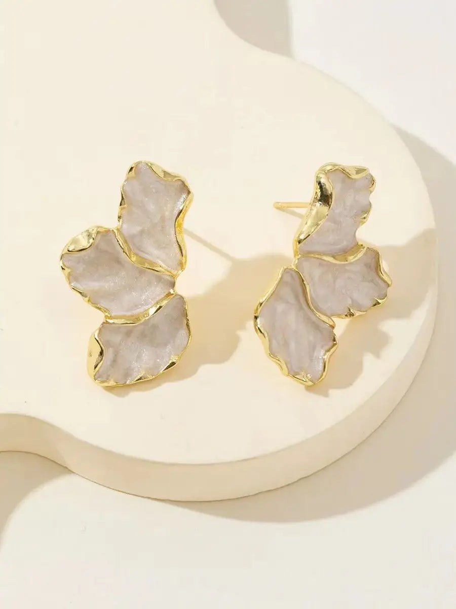 Metal Flower Epoxy Stud Earrings for Women with Gold Color Plating and Irregular Design