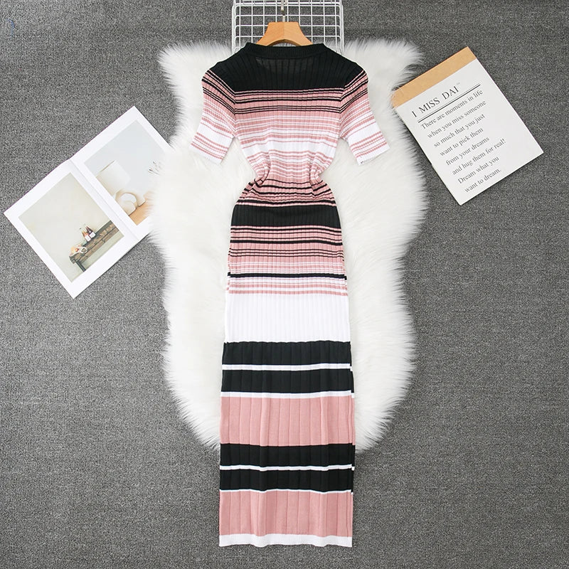Wrap Bodycon Dress Women Knitted Striped Long Summer Dress