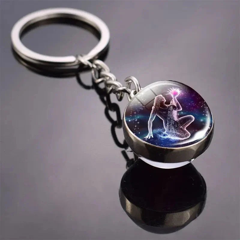 Luminous Zodiac Key Chain Double Sided Glass Ball Pendant for Men and Women Birthday Gift