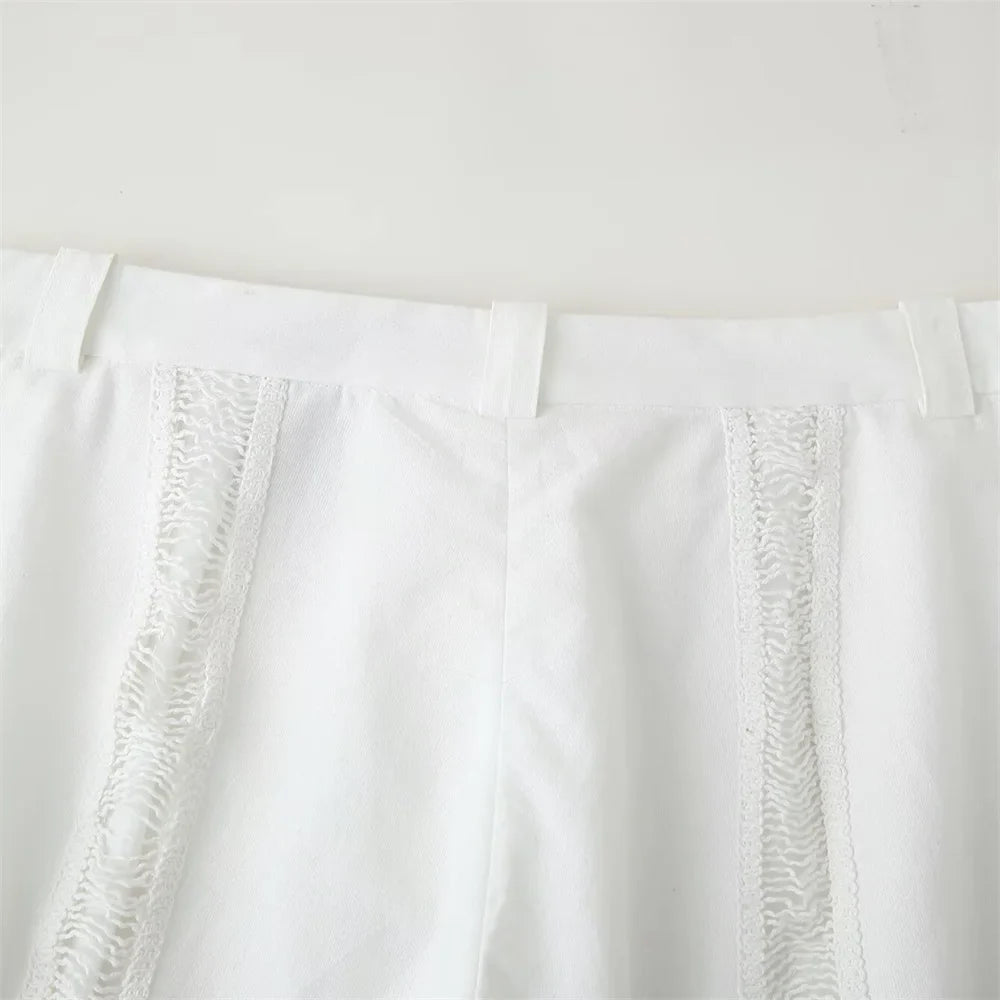 Women White Long Sleeve Blouse and Wide Leg Pants Set with Lace Trim Elegant Design