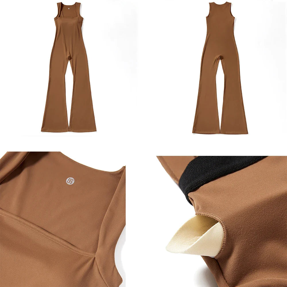 Women's Sleeveless Square Neck Bodysuit with Flared Pants Casual Fitness Jumpsuit Full Season Streetwear Playsuit