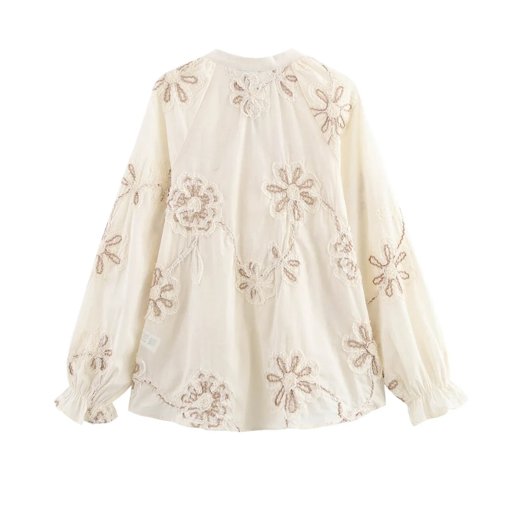 Womens Flower Embroidered Cropped Blouse Loose Tassel Lantern Sleeve Round Neck Chic Top