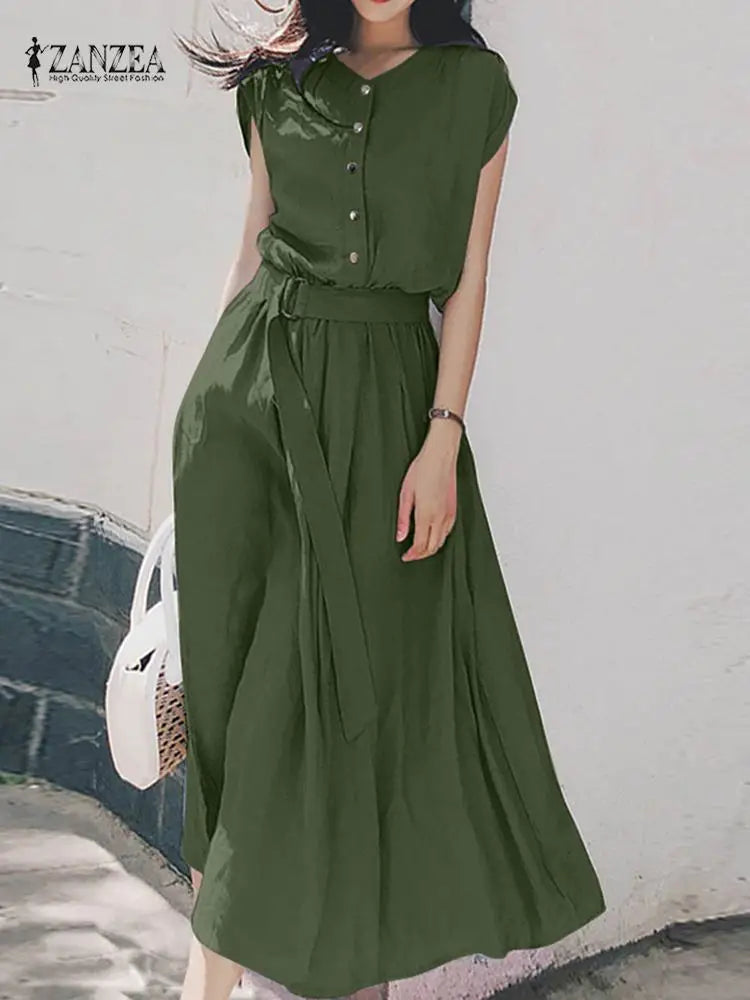 Women Belted Midi Sundress Short Sleeve Summer Dress