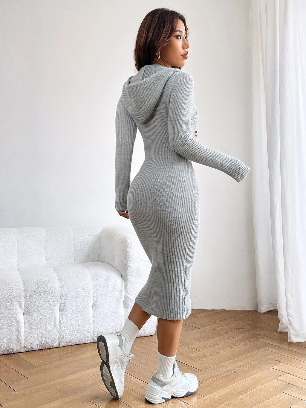 Hooded Belted Knit Dress With Hat And Hip Coverage