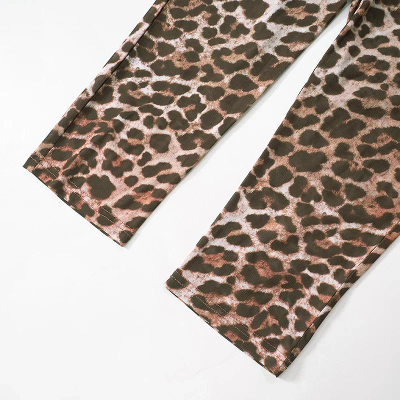 Leopard Print Mesh Long-Sleeved See-Through Sexy Set with Lace-Up Bustier, Short Shawl and Elastic Waist Pants