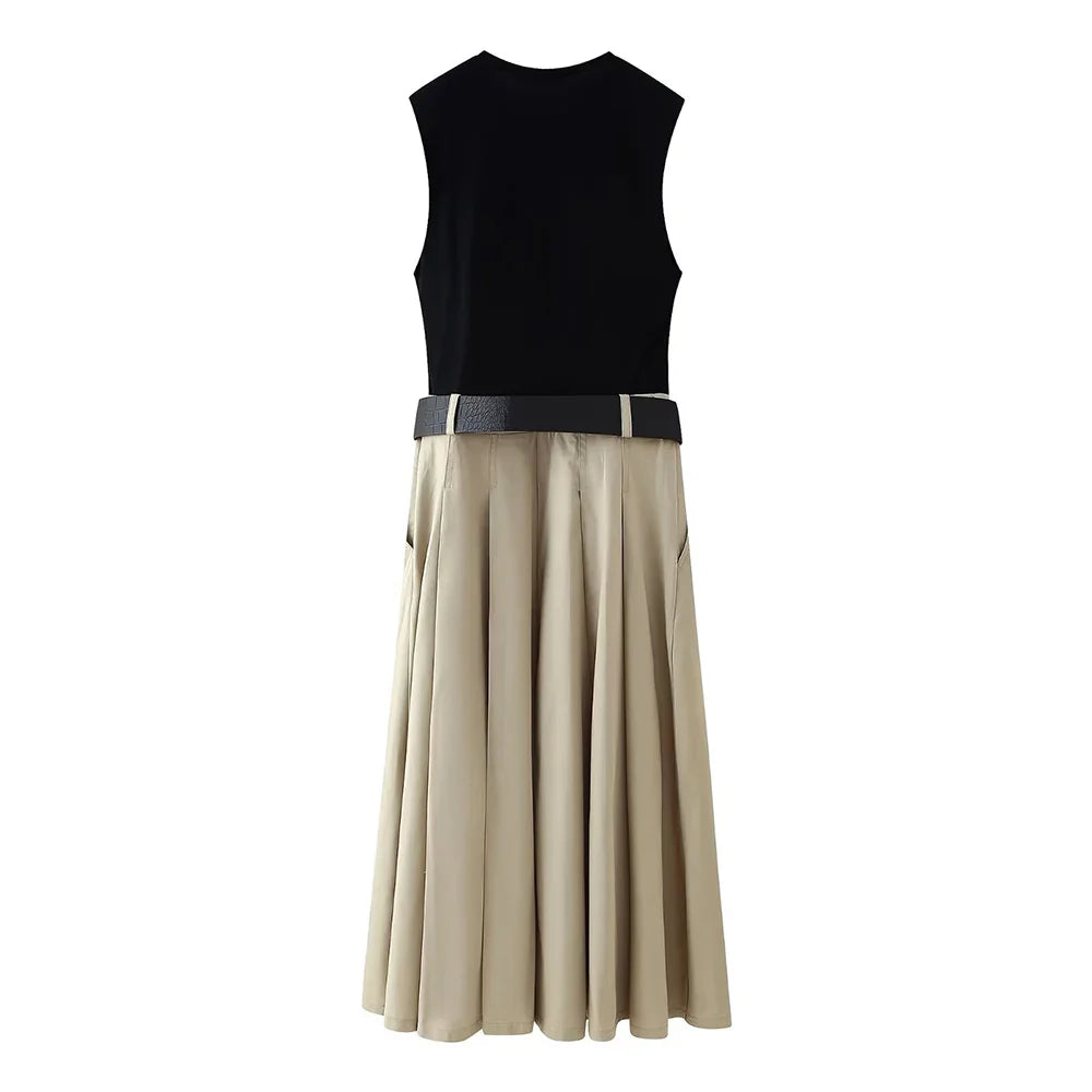 Women's Casual Dress With Belt Splicing Design Lightweight
