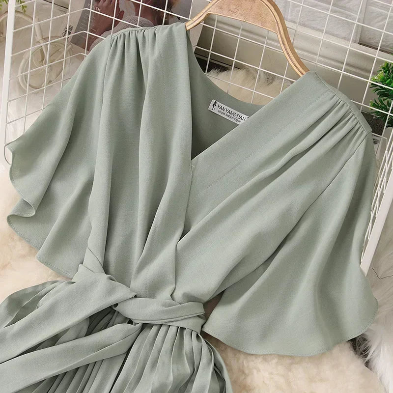 Chiffon Pleated Lace Up V Neck Dress For Women Summer