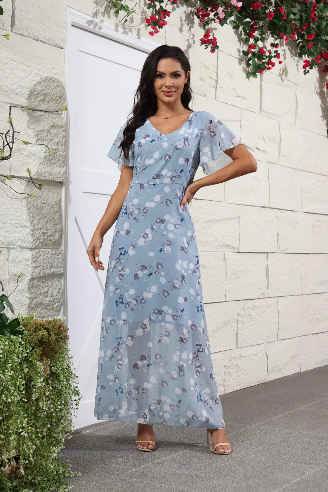 V Neck Floral Chiffon Maxi Dress With Ruffle Short Sleeves