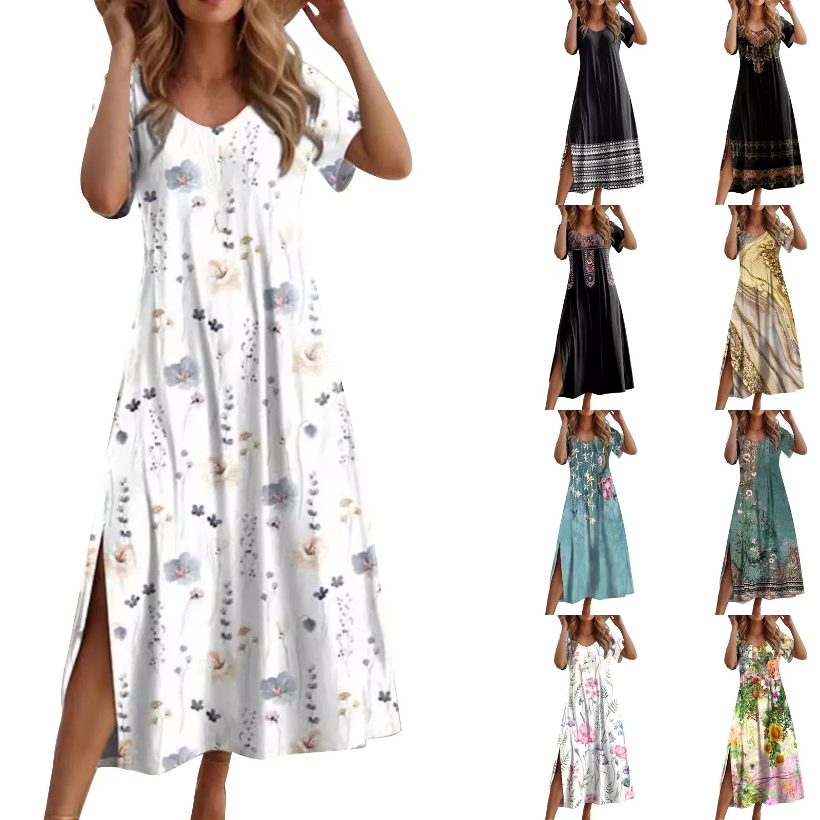 Women Allover Print Dress With Round Neck Short Sleeves