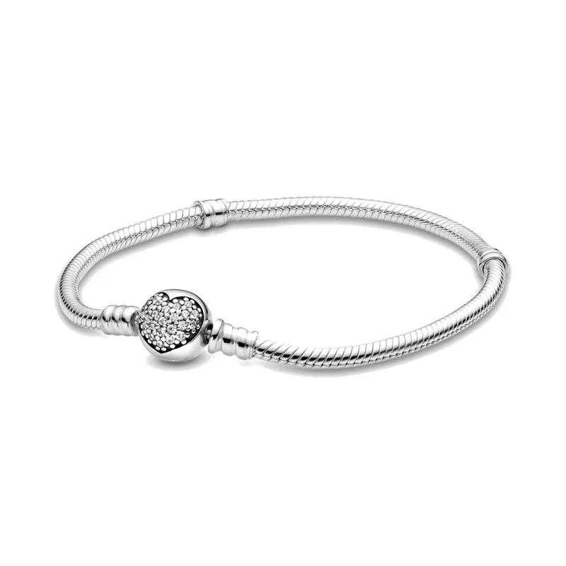 925 Sterling Silver Heart Flower Clasp Snake Chain Bracelet for Bead Charm Jewelry