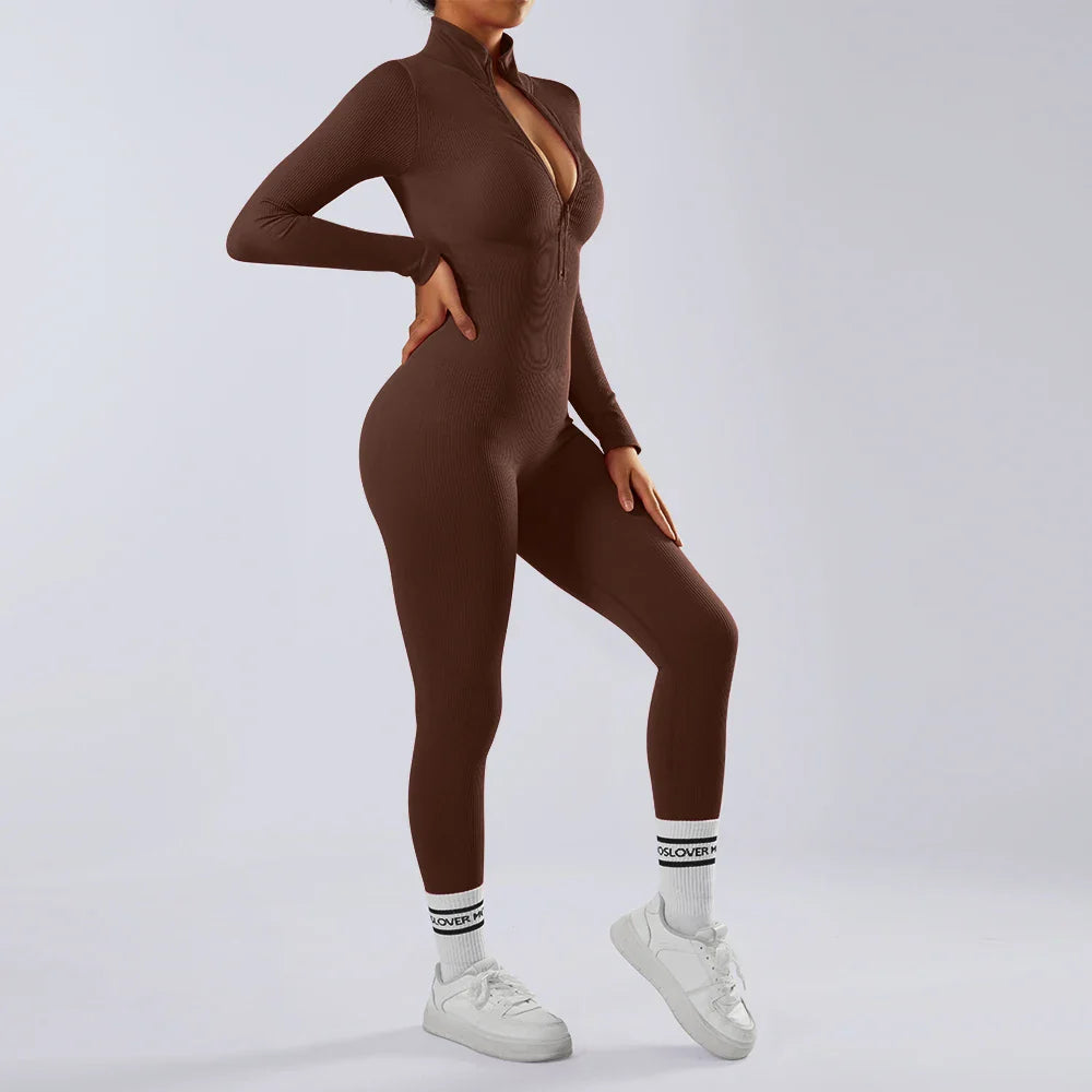 Women's Bodycon Jumpsuit Casual Fitness Rompers with Zipper Slim Fit Bodysuit Streetwear Activewear for Autumn and Winter