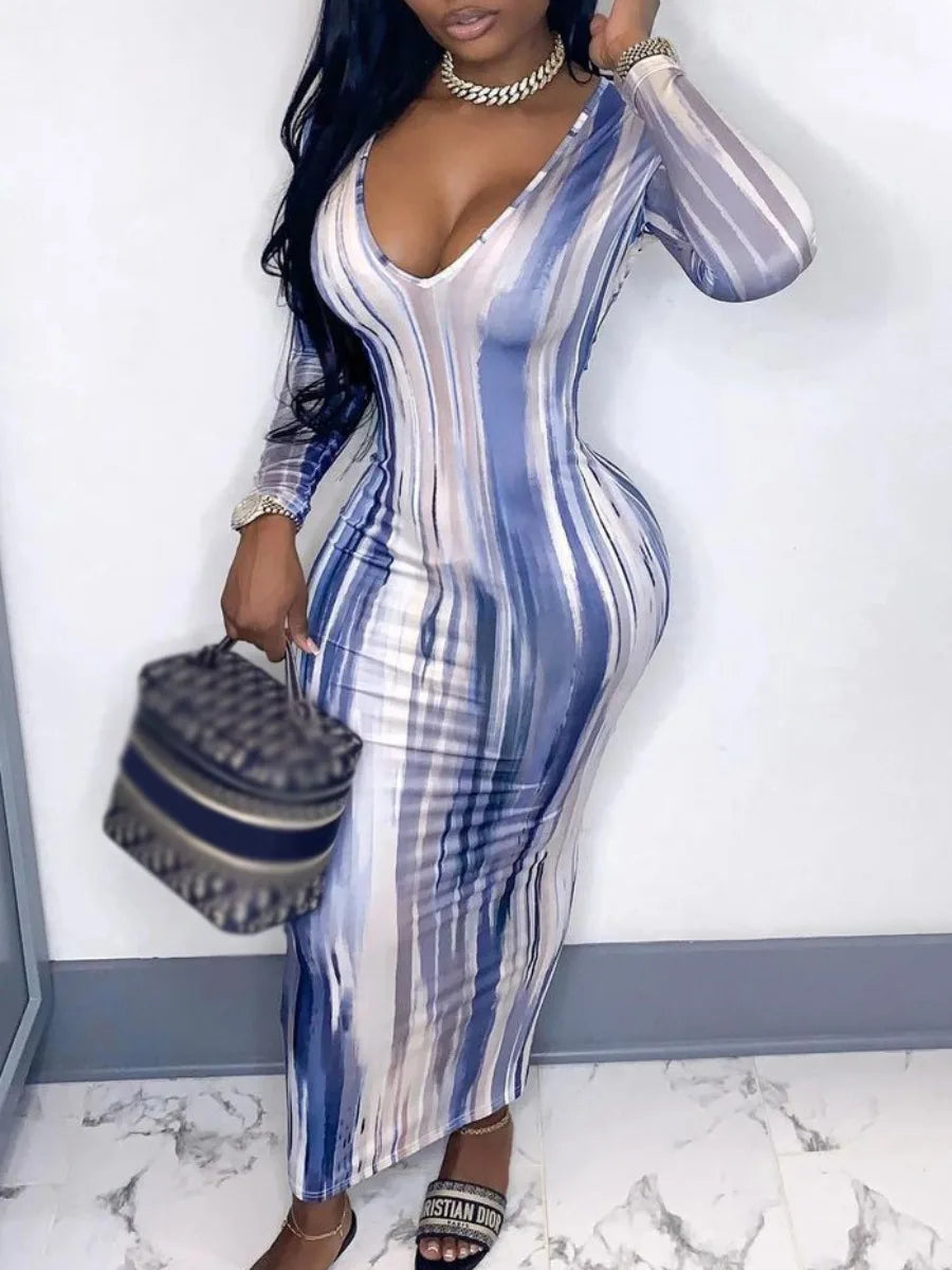 Tie Dye Bodycon Maxi Dress Long Sleeve U Neck Vacation