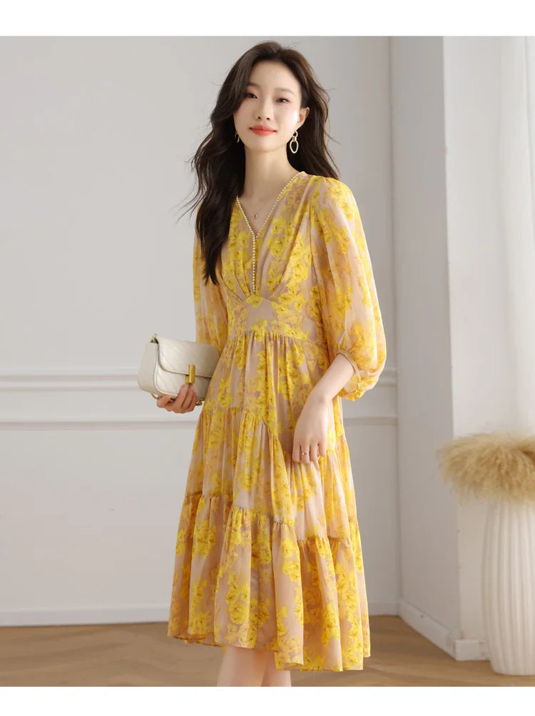 Floral Chiffon Dress For Women V Neck A Line Dress