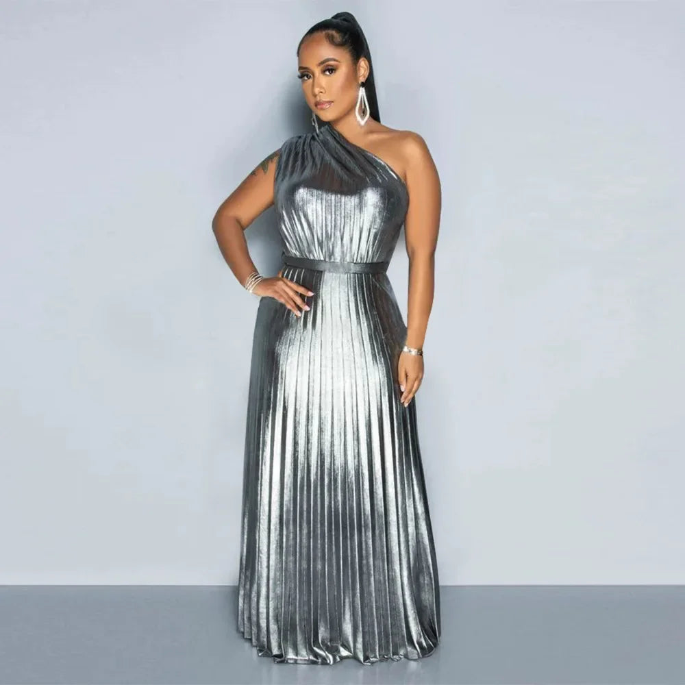 One Shoulder Metallic Pleated Maxi Dress Evening Gown