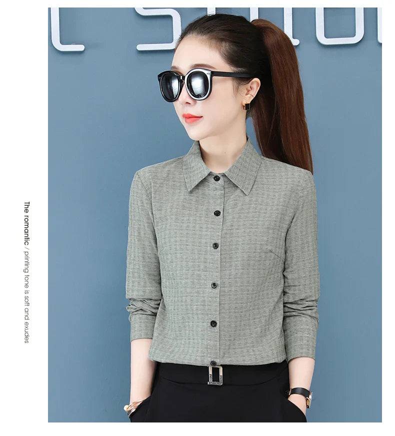 Women's Long Sleeve Slimming Cotton Shirt with Flip Collar Casual Versatile Top for Spring and Autumn Fashion