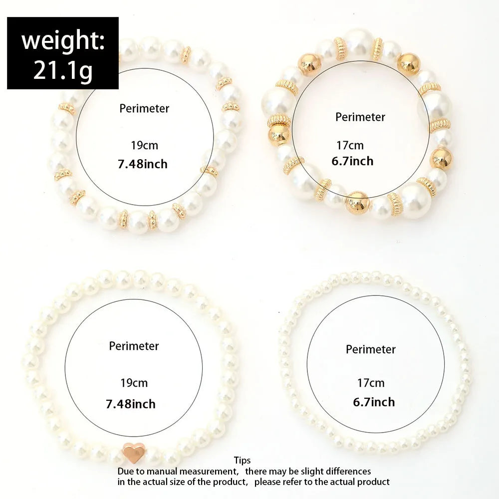 4pcs Set Elegant Handmade White Faux Pearl Beaded Heart Bracelets for Fashion Accessories and Gifts