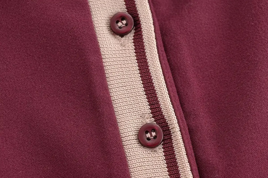 Retro Ribbed Pleated Dress For Women With Contrast Trim