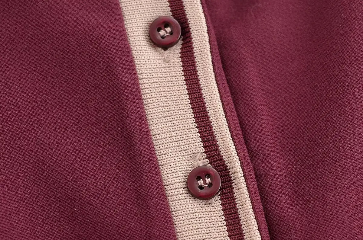 Retro Ribbed Pleated Dress For Women With Contrast Trim