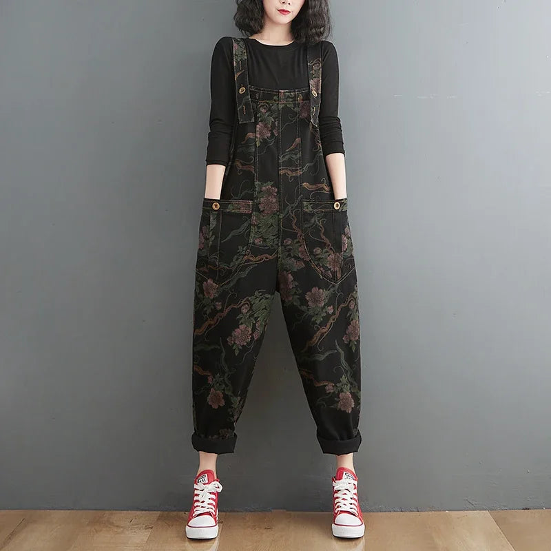 Floral Vintage Black Denim Jumpsuit For Women Oversized