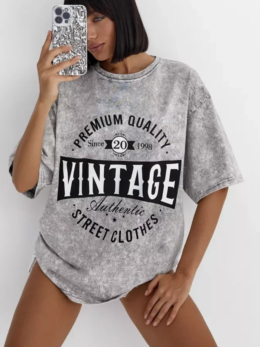 Oversize Vintage Washed T Shirt for Women Loose Streetwear Distressed Half Sleeve Harajuku Style