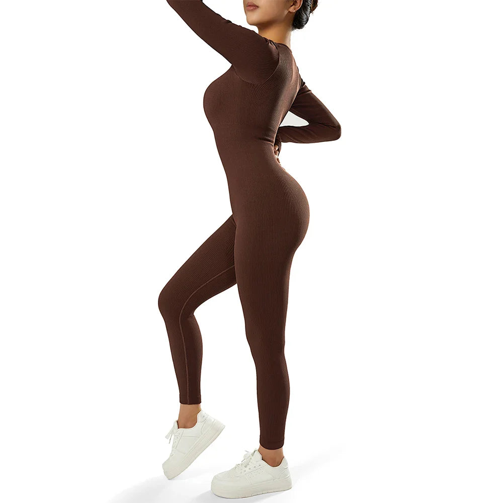 Bodycon Slim Fit Zipper Jumpsuit for Women Casual Brown Fitness Romper Streetwear Playsuit Overall