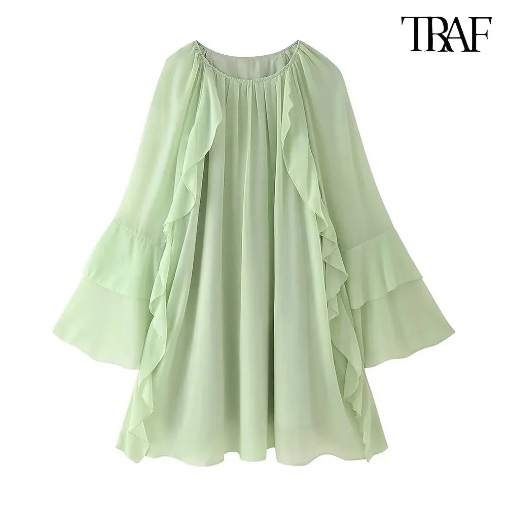 Boho Beach Dress With Round Neck Ruffle Trim Long Sleeve