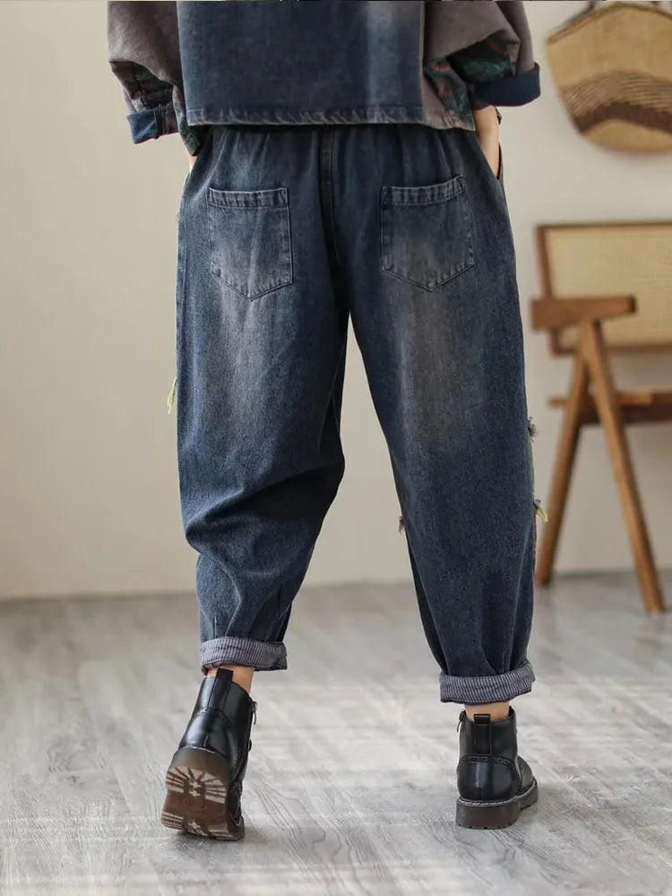 Womens Vintage Denim Two Piece Set with Printed Jacket and Casual Jeans