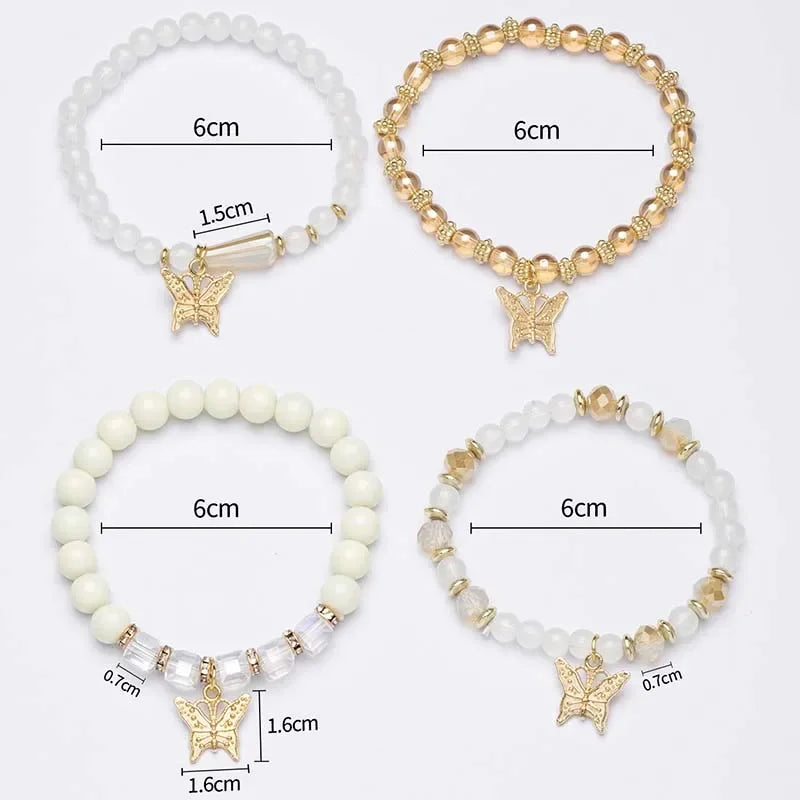 4Pcs Butterfly Beaded Bracelet Set for Women Pink Acrylic Beads Elastic Chain Bangle Bohemian Jewelry Gift