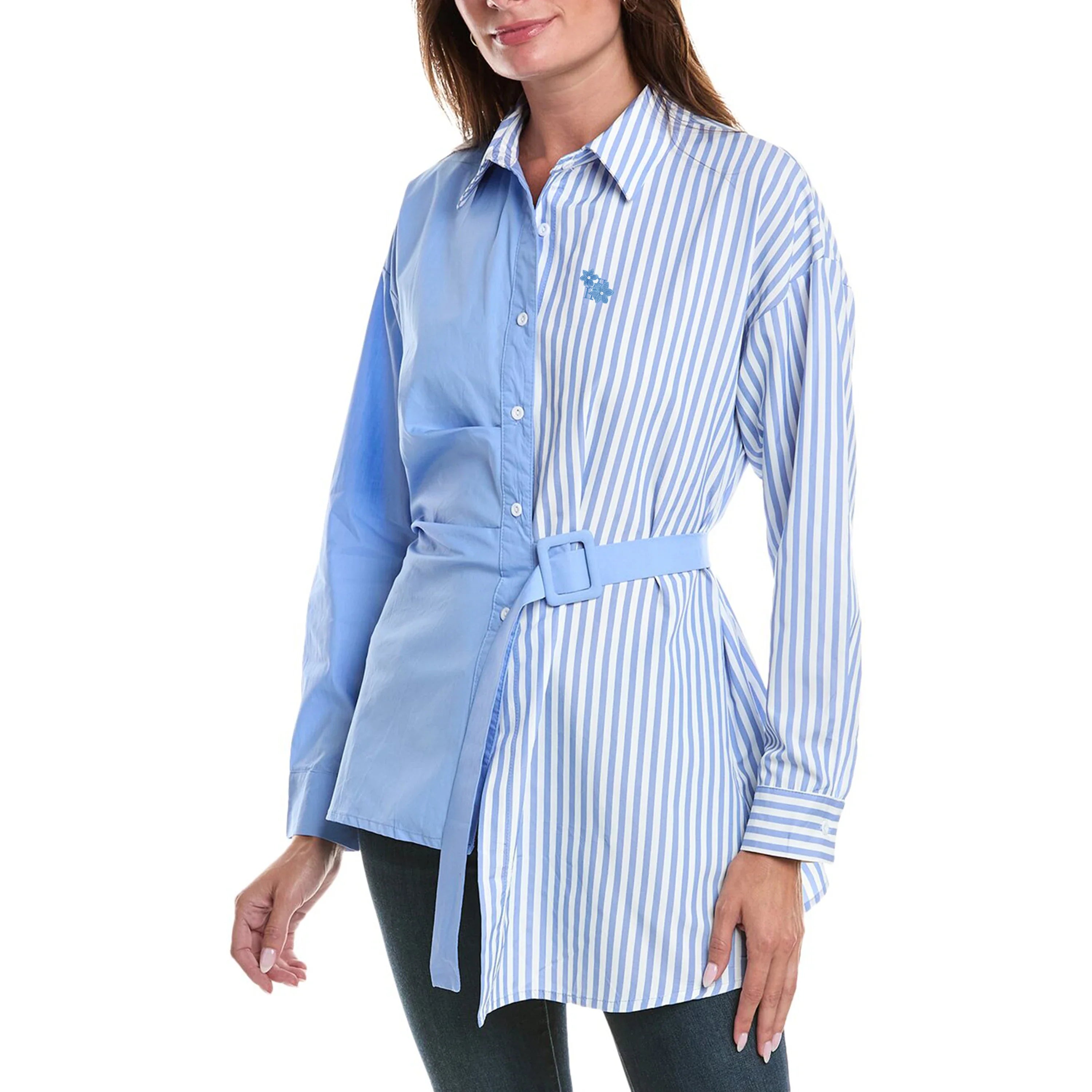 Stylish Lapel Collar Button-Down Striped Long Sleeve Blouse for Women Casual Irregular Hem Vintage Shirt