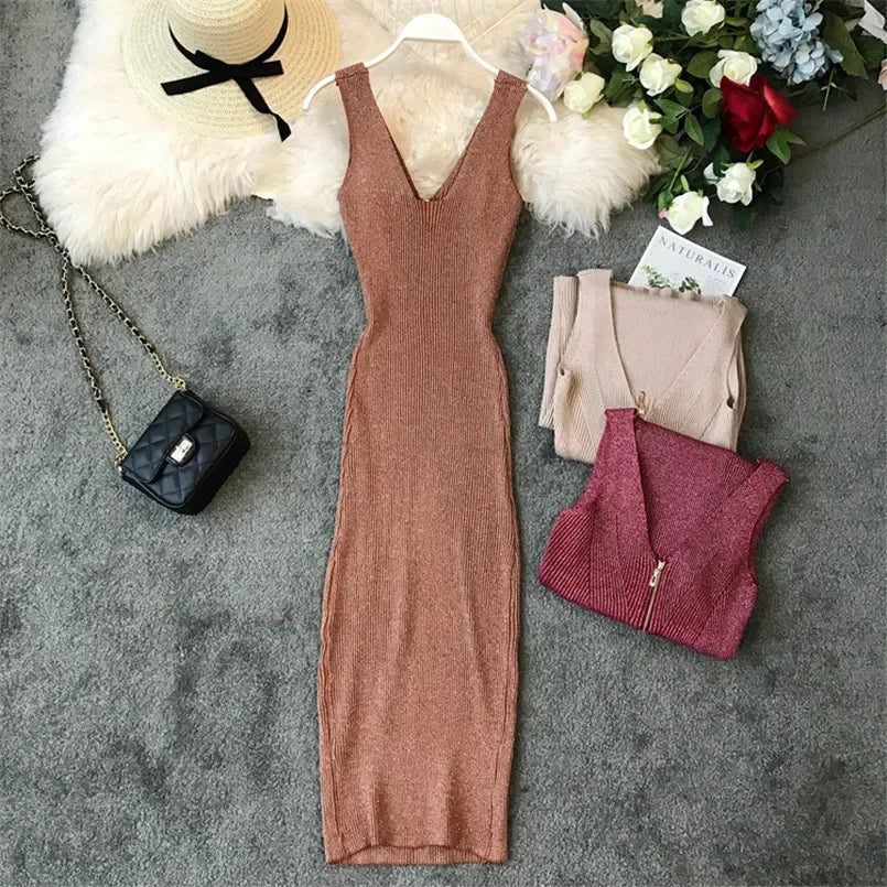 Sexy Zipper V Neck Knit Bodycon Midi Dress For Summer