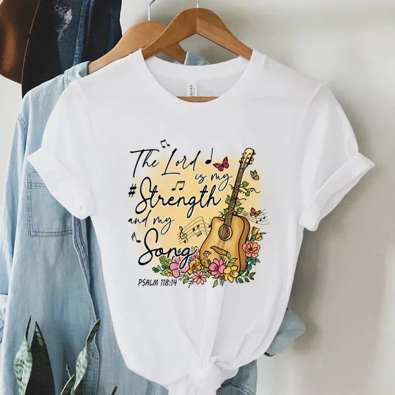 Women Vintage Boho Guitar Print Christian T-Shirt Summer Faith Tee with Bible Verse