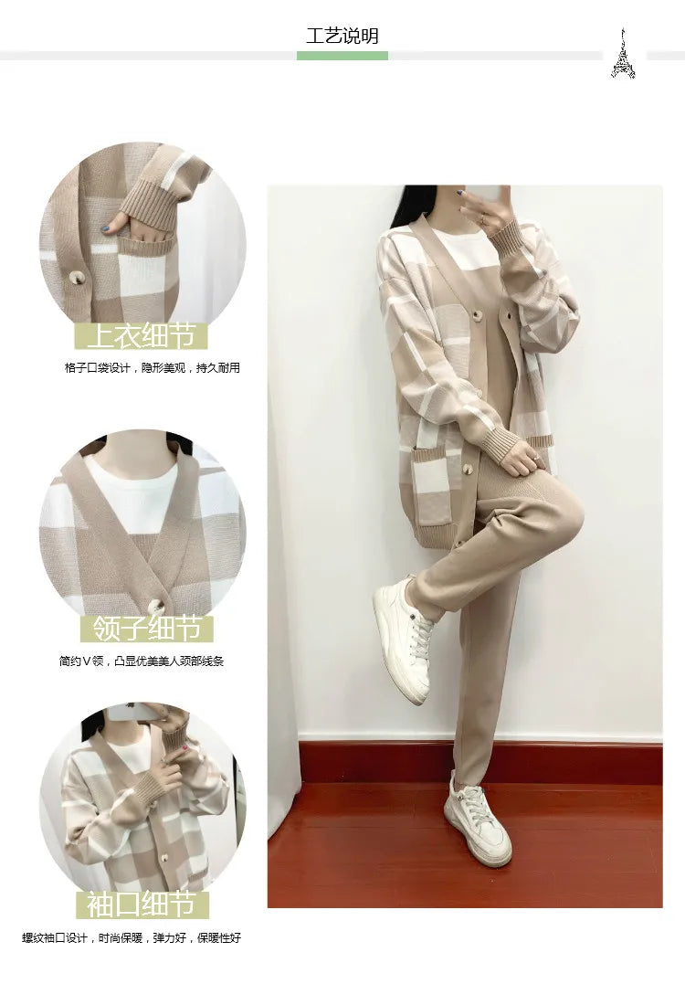 Autumn Winter Women's Plaid Knit Cardigan Tracksuit Set with Short Sleeve Top and Solid Harem Pants 3 Piece Cozy Sweater Coat Ensemble