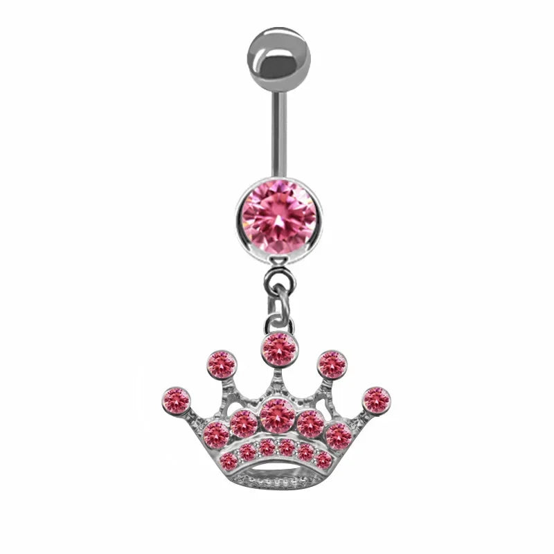 Sweet Butterfly Crown Heart Drop Belly Button Ring with Pink White Crystal Stone Dangle for Women