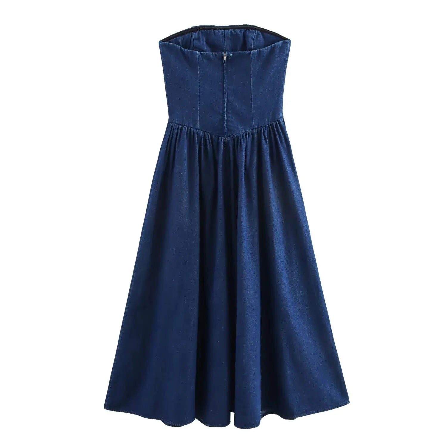 Denim Midi Dress With Pleats Backless Style High Waist