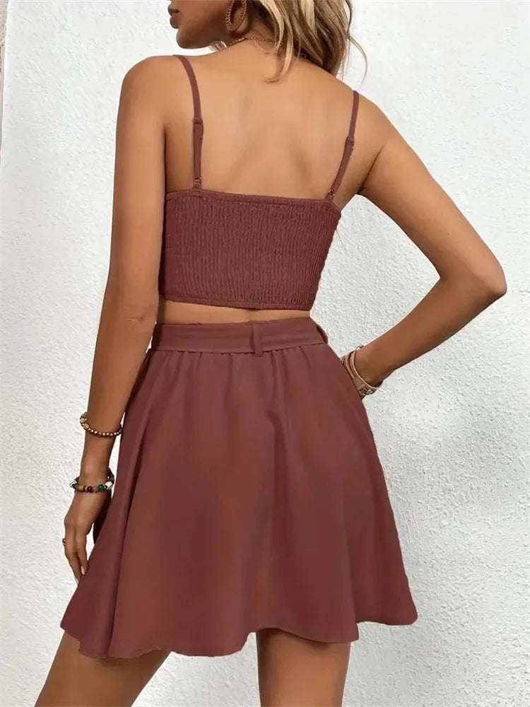 Summer Women Two Piece Set Sleeveless O-Neck Crop Top with Buckled Belted Shorts Skirt Casual Chic Outfit