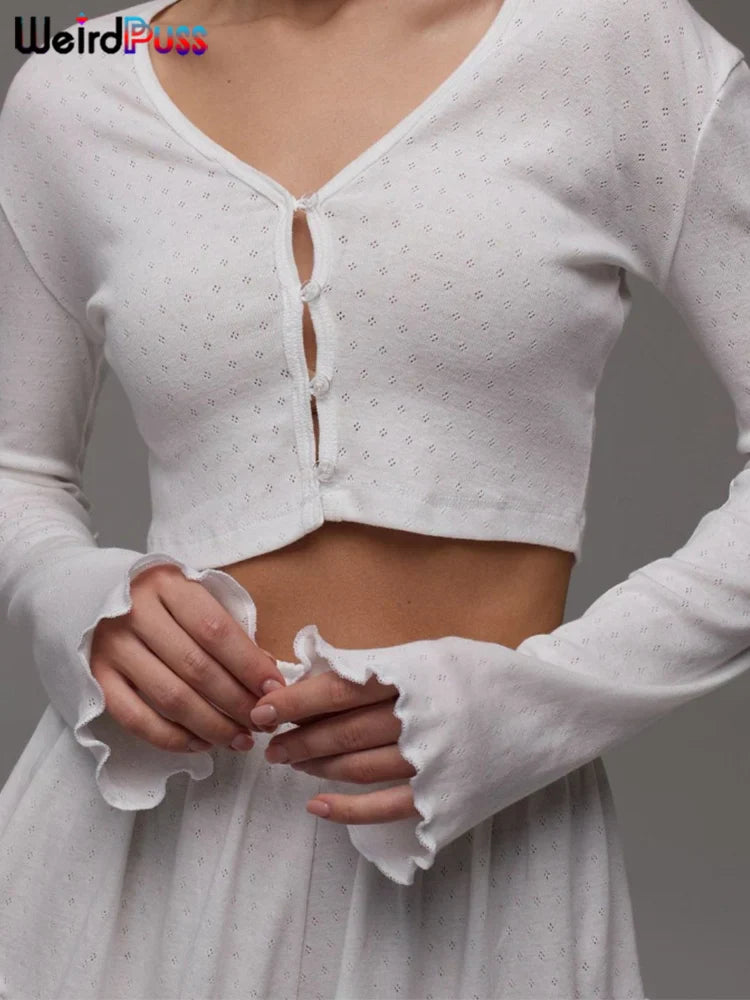 Casual Solid Two Piece Set for Women Long Sleeve Single Breasted Crop Top with Ruffled Thin Mini Shorts Autumn Trend Stylish Matching Outfit