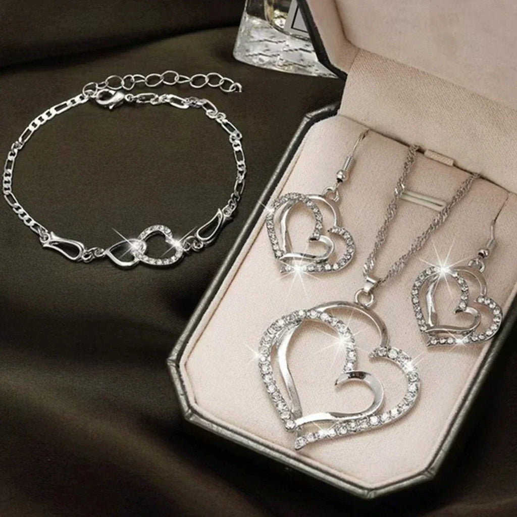 Heart Shaped Jewelry Set With Earrings Pendant Necklace for Women Exquisite Rhinestone Double Heart Design