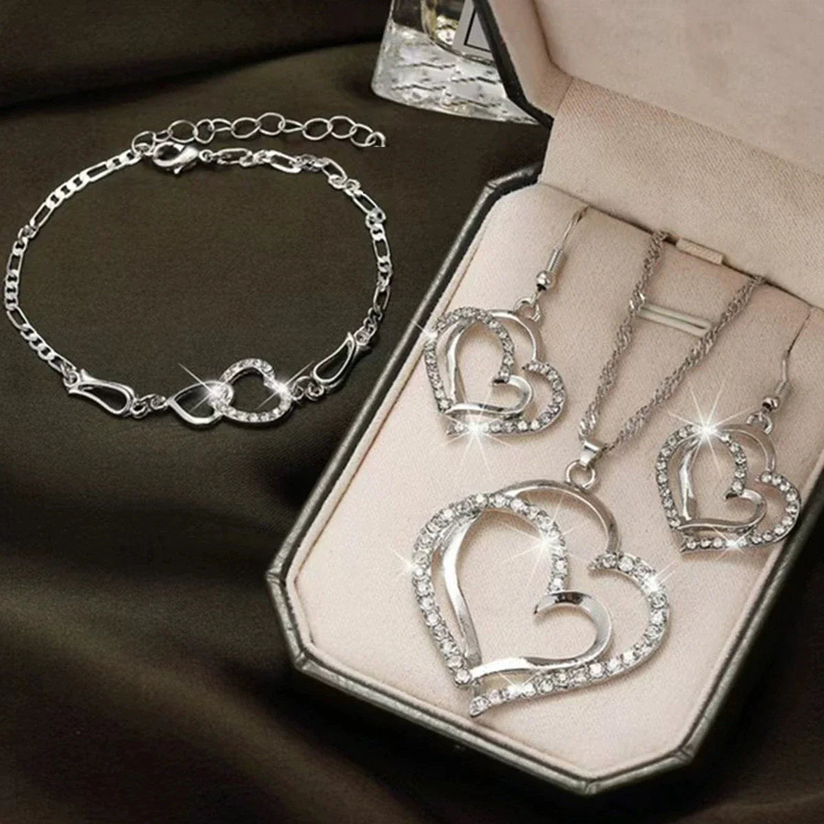 Heart Shaped Jewelry Set With Earrings Pendant Necklace for Women Exquisite Rhinestone Double Heart Design